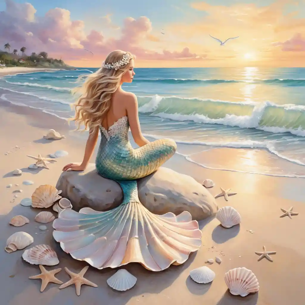 Dreamy seashell beach retreat at golden ocean sunset