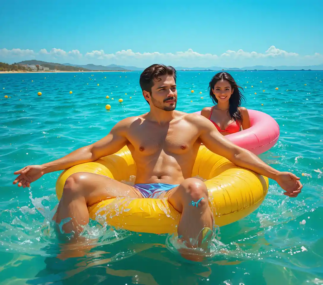 Hombre relajándose en un flotador amarillo sobre un mar azul y tranquilo
