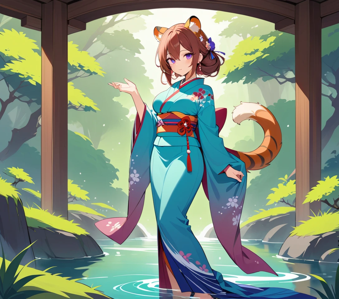 Scarred tigress woman in furisode kimono in zen garden