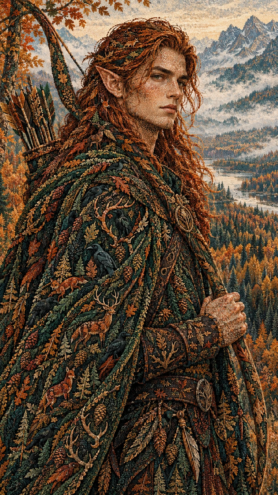 Forest elf archer portrait in symbolic autumn landscape
