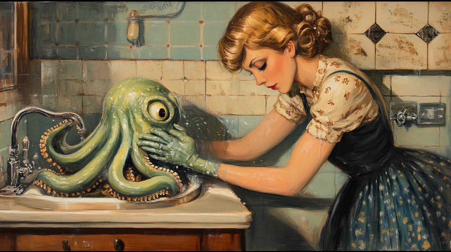 Mujer vintage lavando a un pequeño Cthulhu en el fregadero de la cocina