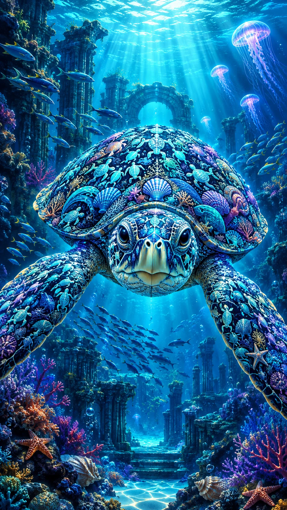 Sea turtle swimming toward viewer in mystical underwater ruins