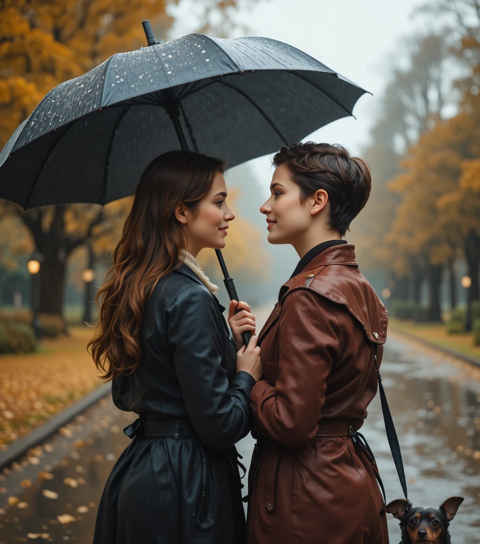 Two women walking with a dog in rainy autumn park
