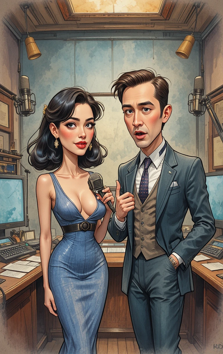 Studio radiofonico retrò in stile cartoon con conduttori tesi ai microfoni