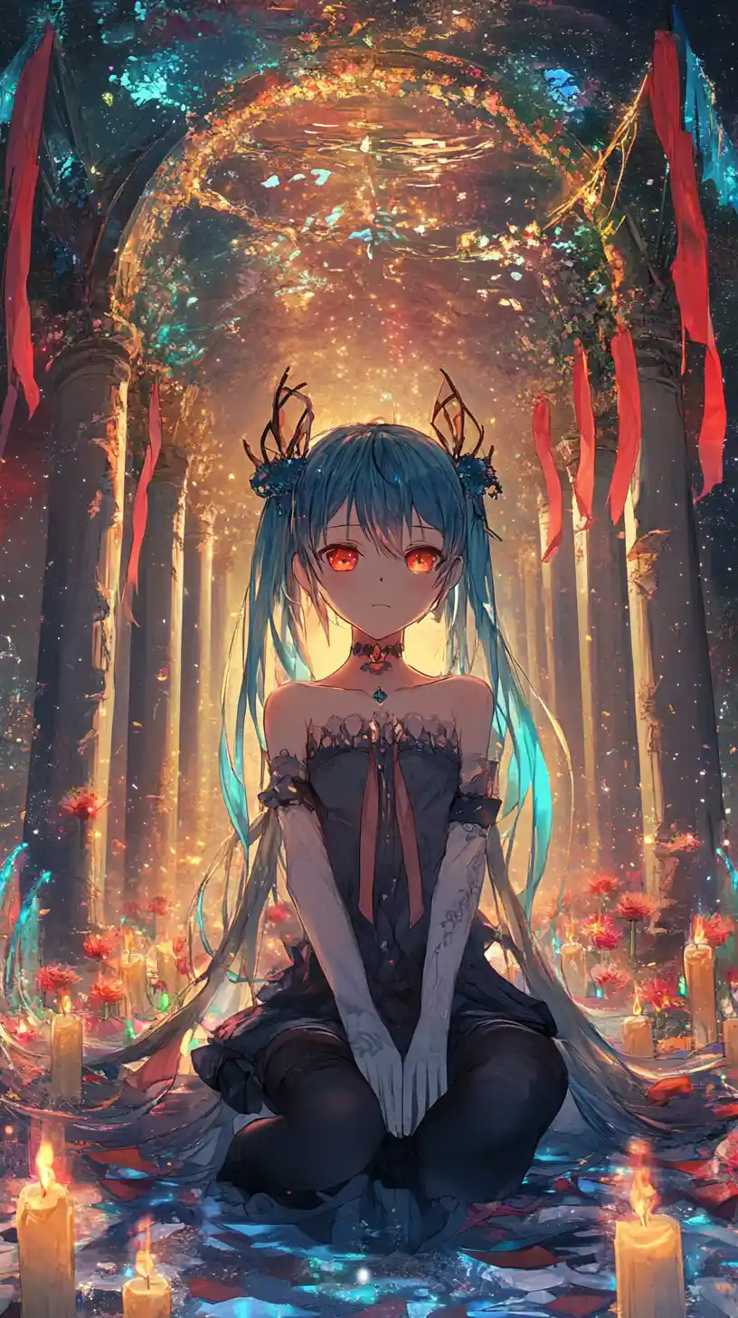 Anime girl under a glowing glass arch of candles and flowers