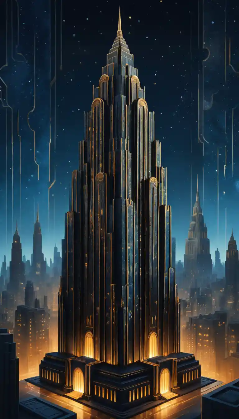Art deco skyscraper rising above a twilight metropolis