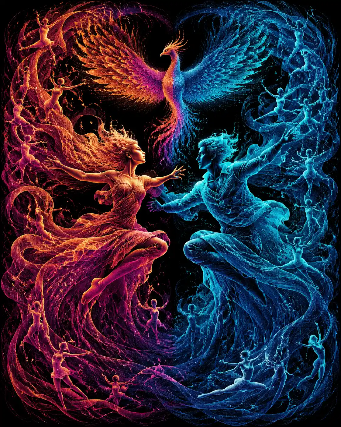 Two opposing light dancers leaping in dramatic motion