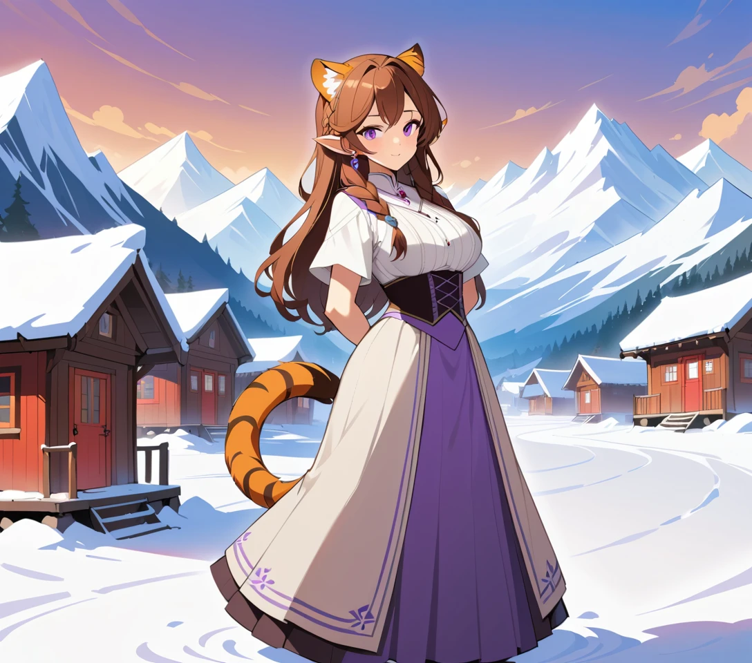 Majestätische Tigerfrau im norwegischen Bunad vor schneebedeckten Gipfeln