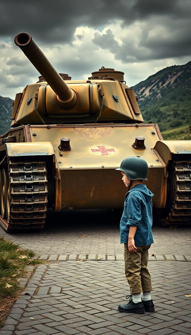 Little boy beside rusty world war tank in mountains