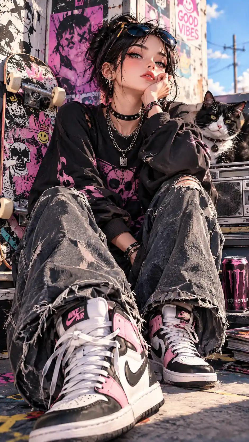 Anime sneakers with punk grunge flair and vibrant pastel colors