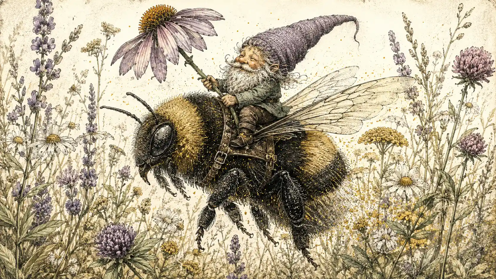 Tiny gnome riding a bumblebee through tall wildflowers