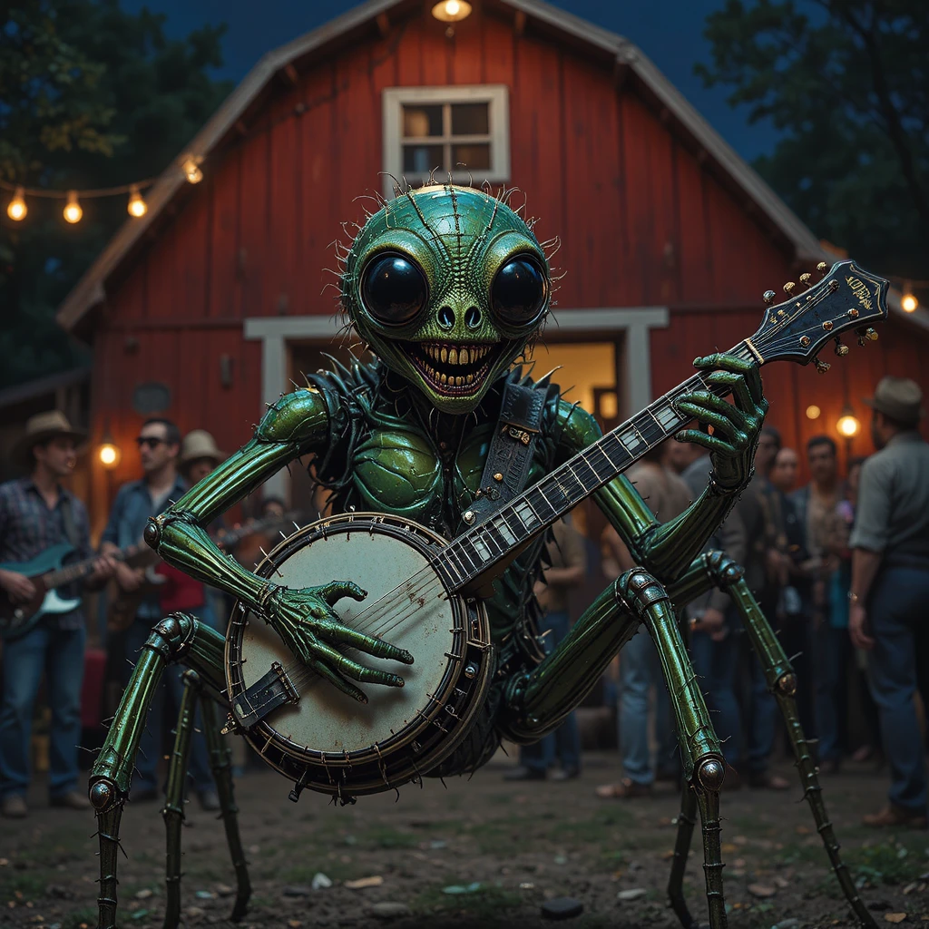 Green metallic spider playing banjo at a night barn party