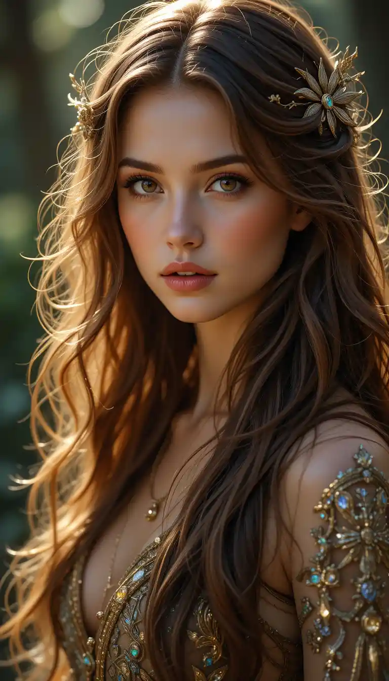 Incantevole donna fantasy con lunghi capelli castani fluenti