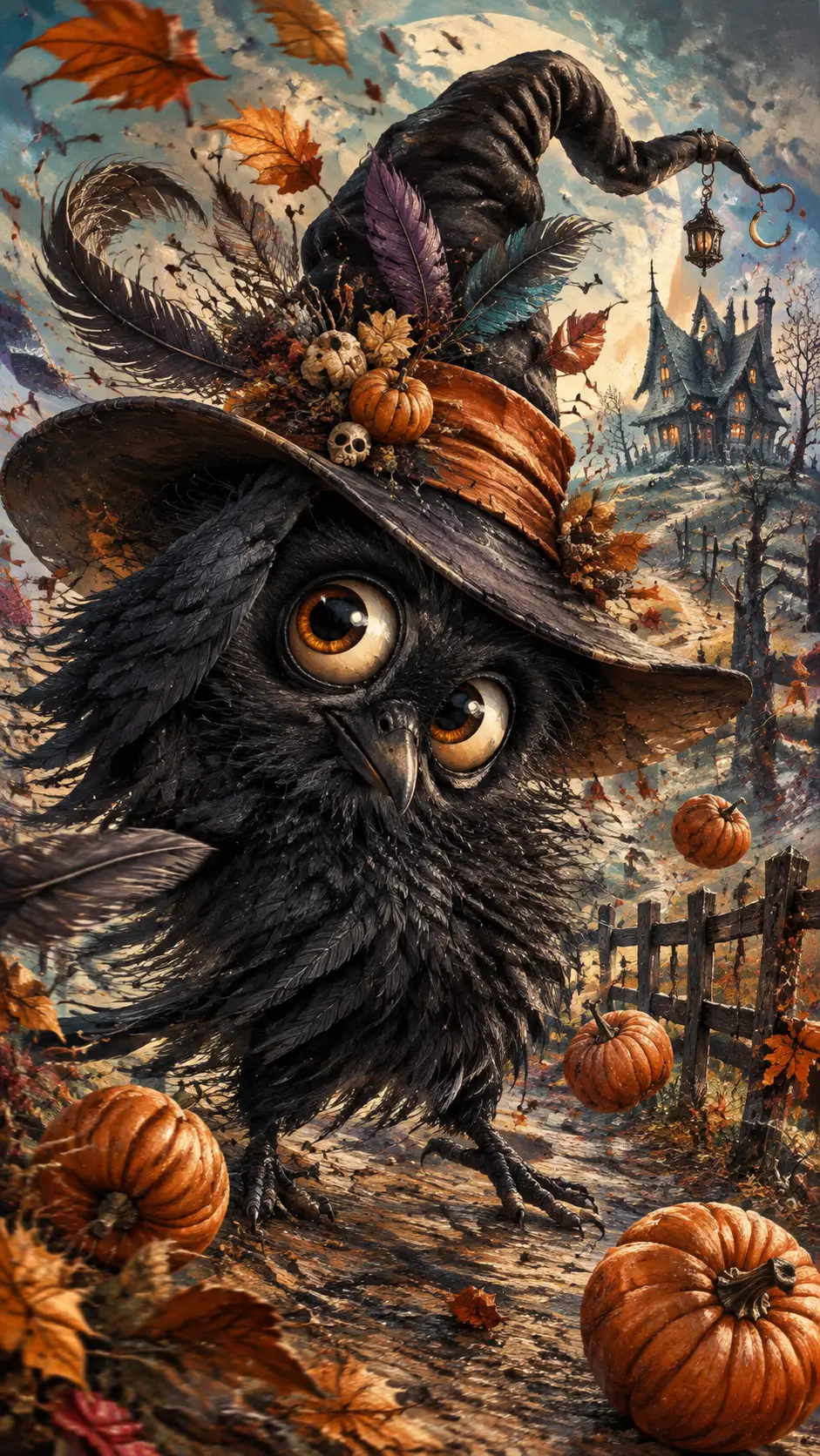 Fluffy Young Raven In Witch Hat In Windy Autumn Scene