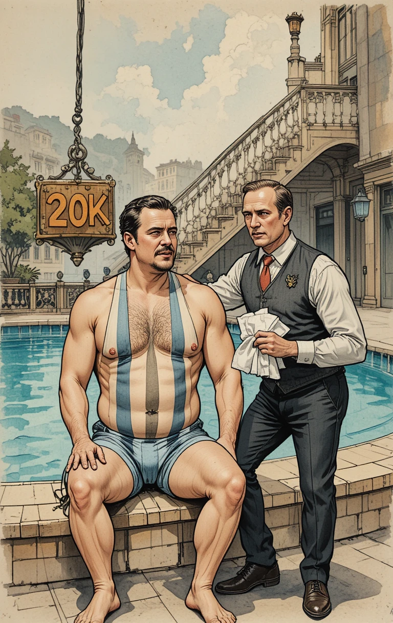 Vintage comic scene of two men at a poolside