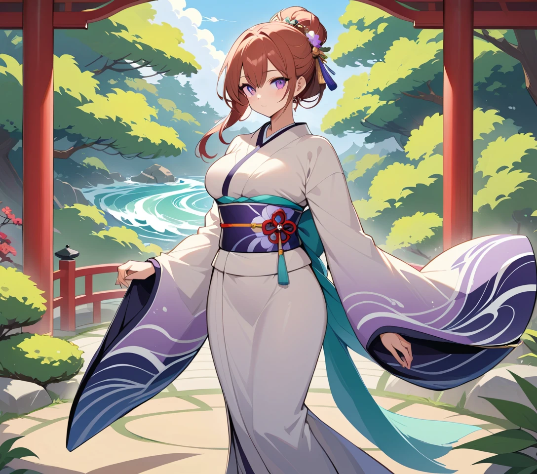 Elegant woman in furisode kimono in tranquil zen garden