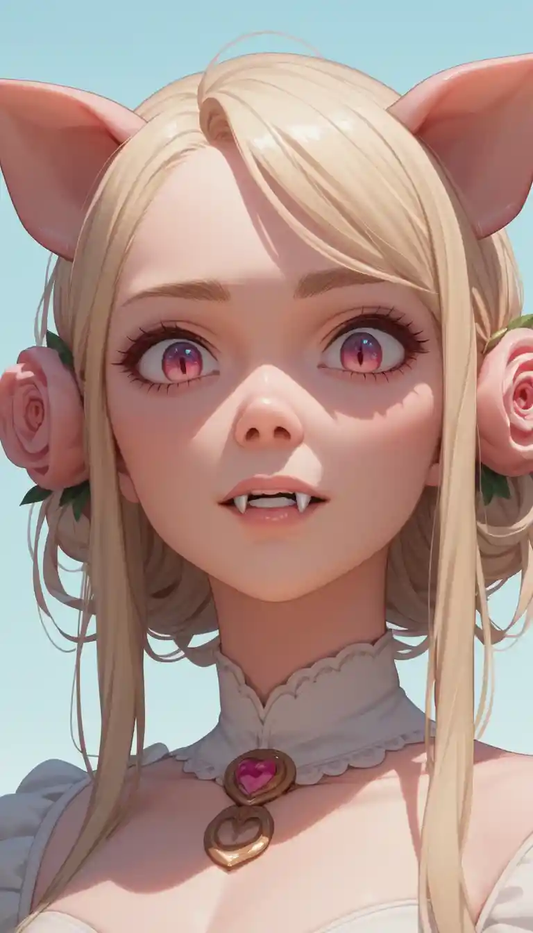 Primo piano di ragazza anime bionda con zanne