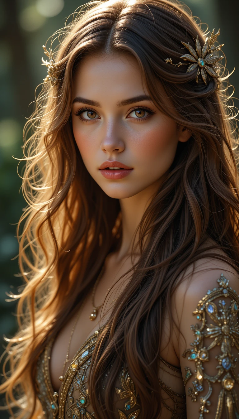 Incantevole donna fantasy con lunghi capelli castani fluenti