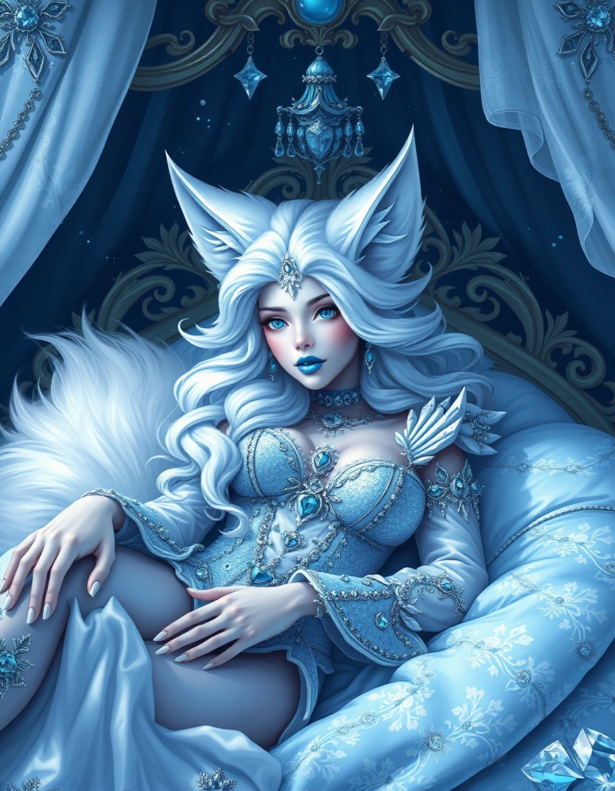 Seductive fox spirit ice queen reclining on jeweled bed