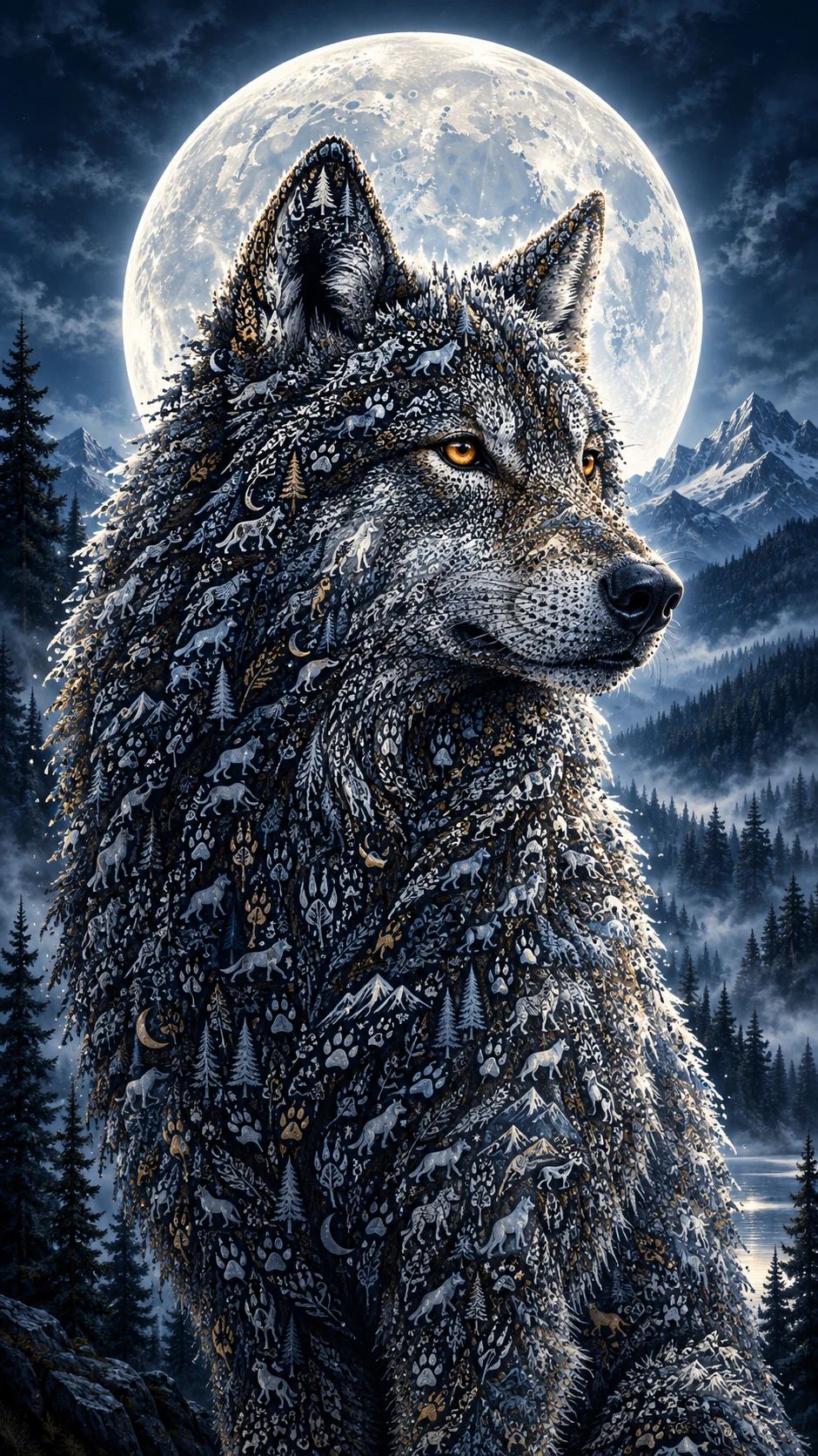 Majestic wolf portrait under a glowing full moon