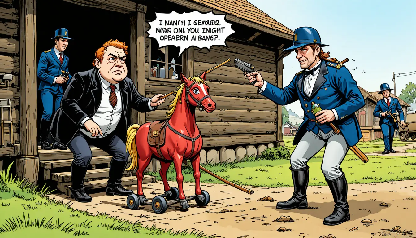 Union soldiers in a chaotic comic gunfight outside cabin