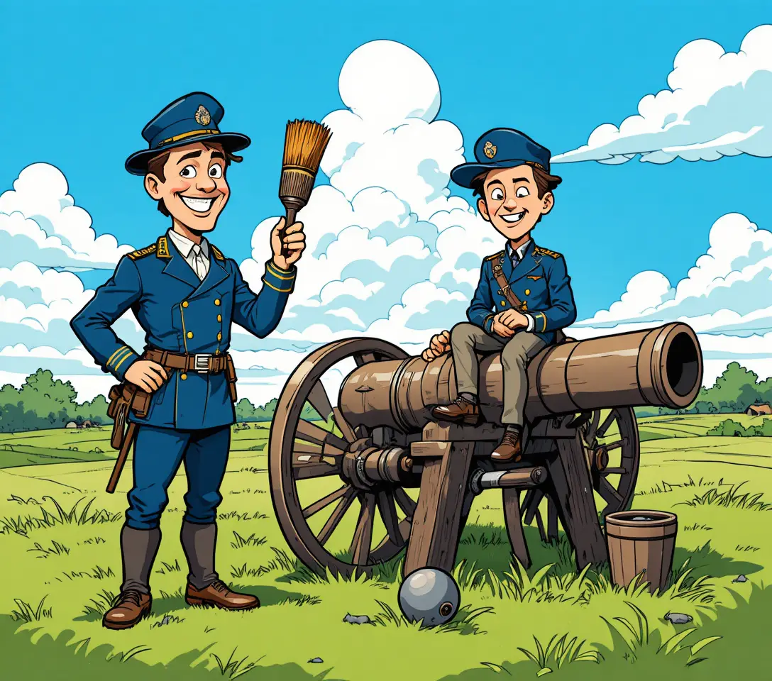 Cartoon union soldiers with cannon in a sunny grassy field