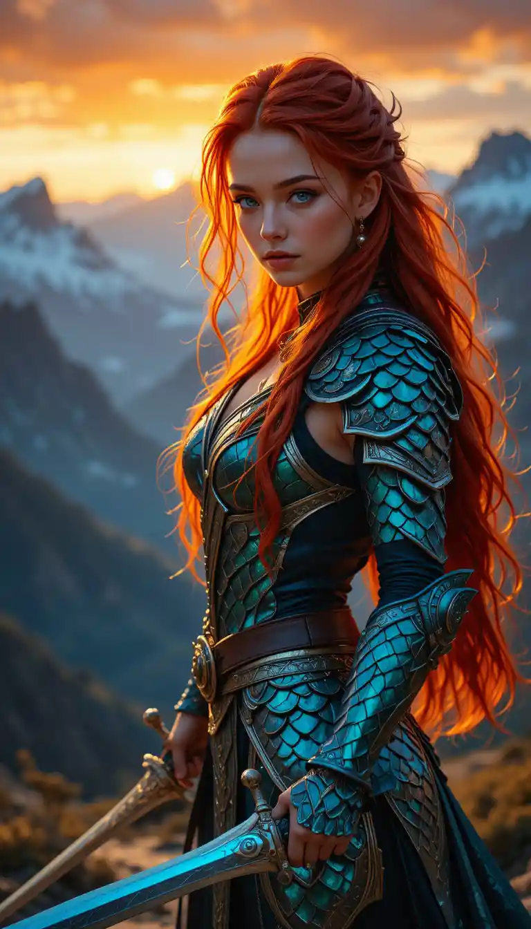 Red haired warrior woman in dragon armor at sunset