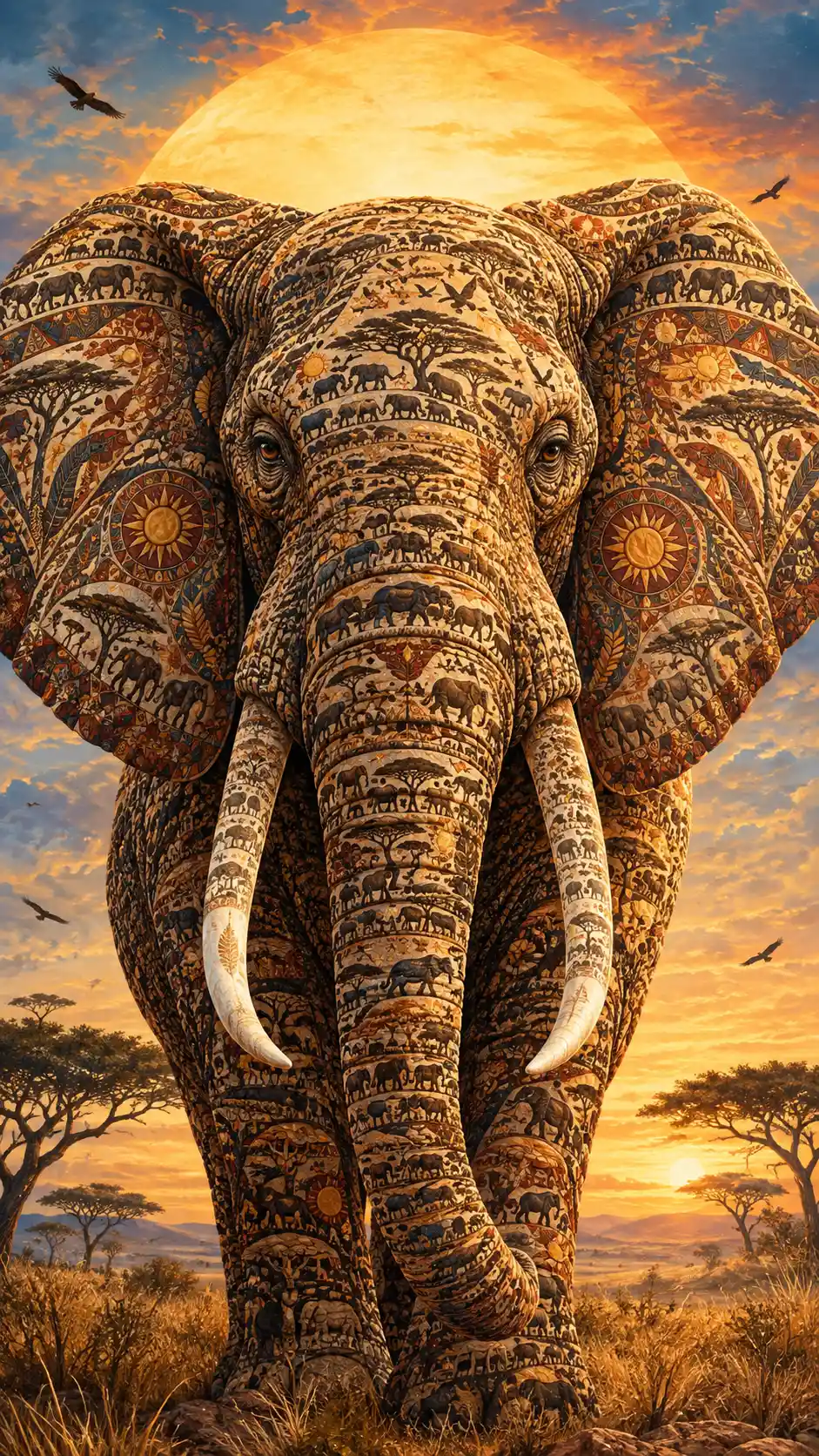 Majestuoso retrato de elefante bajo un vasto cielo dorado de amanecer