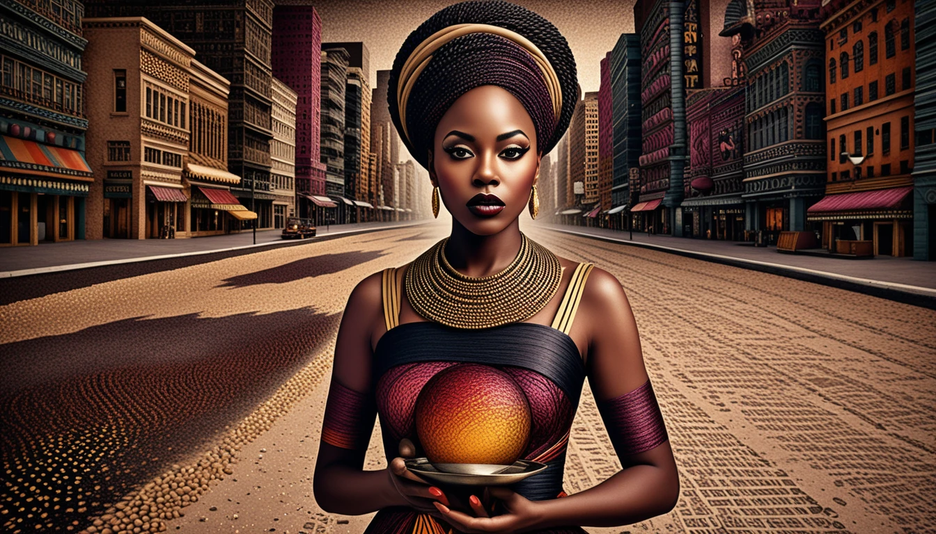Retrato surreal de uma mulher negra em uma paisagem urbana abstrata