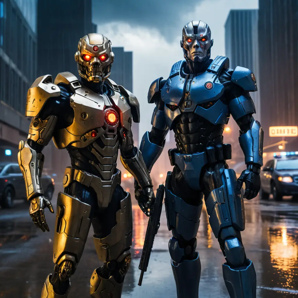Cyborg warrior and armored cop in rainy dystopian streets