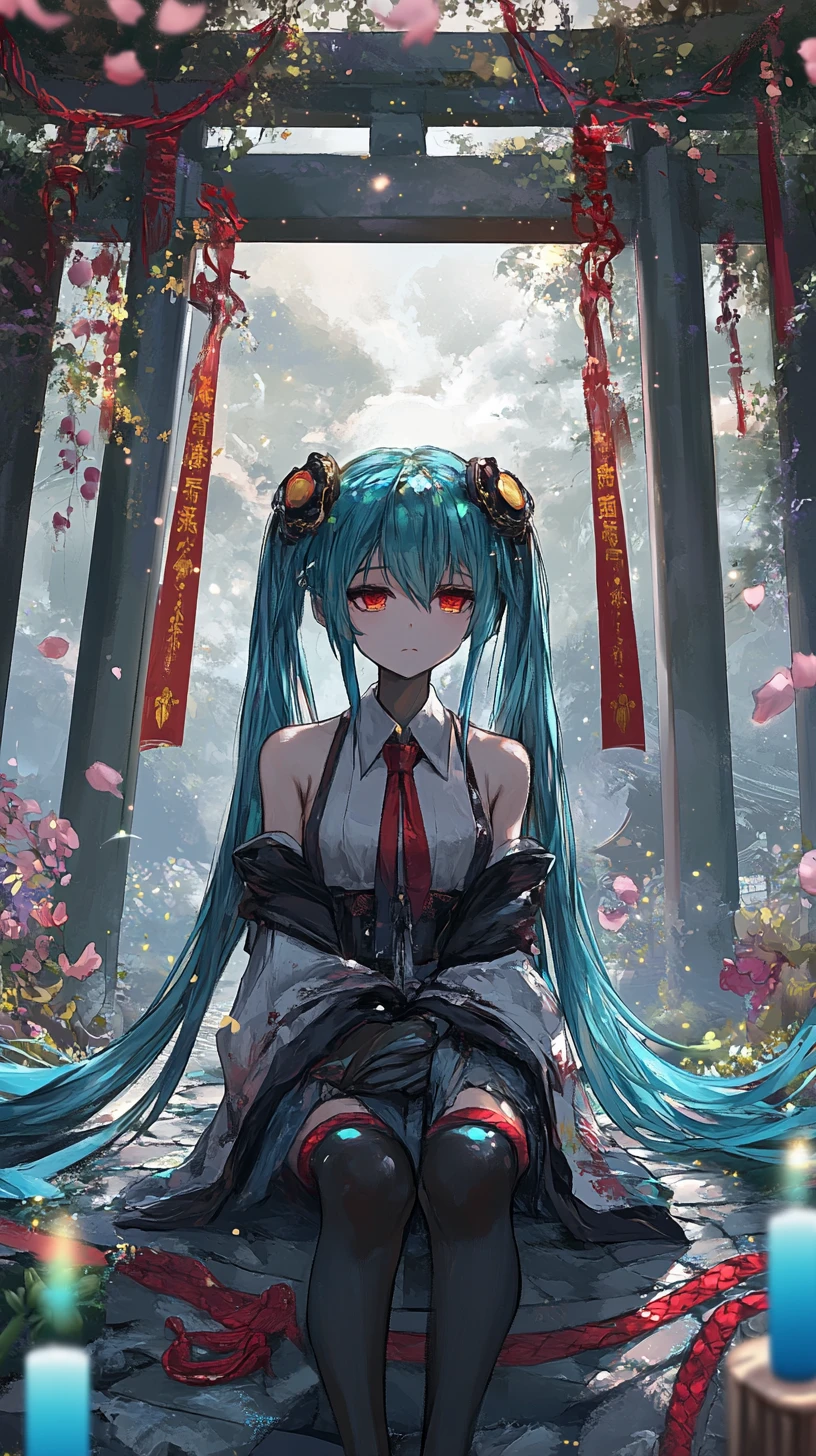 Anime girl beneath a glowing colored glass archway