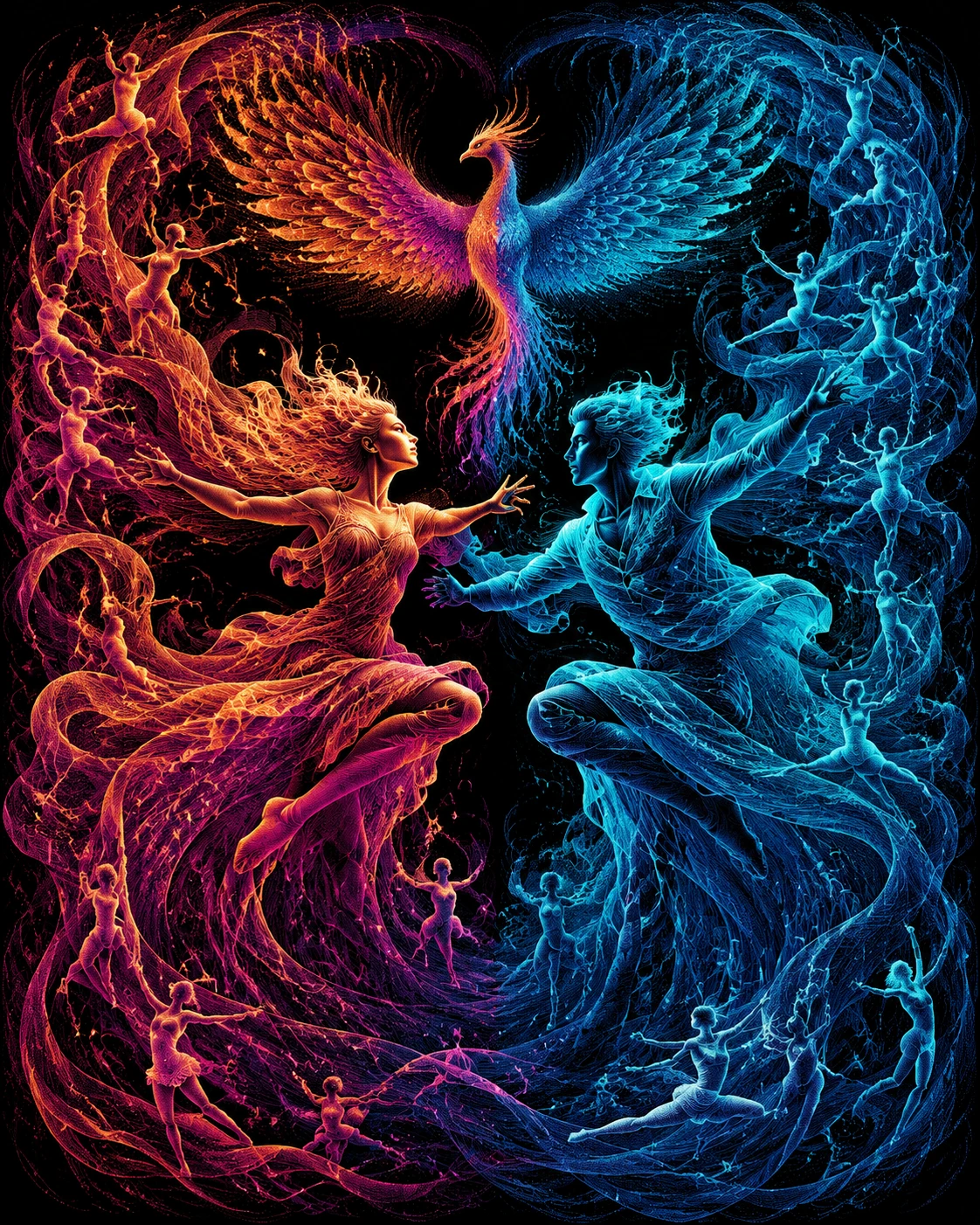 Two opposing light dancers leaping in dramatic motion