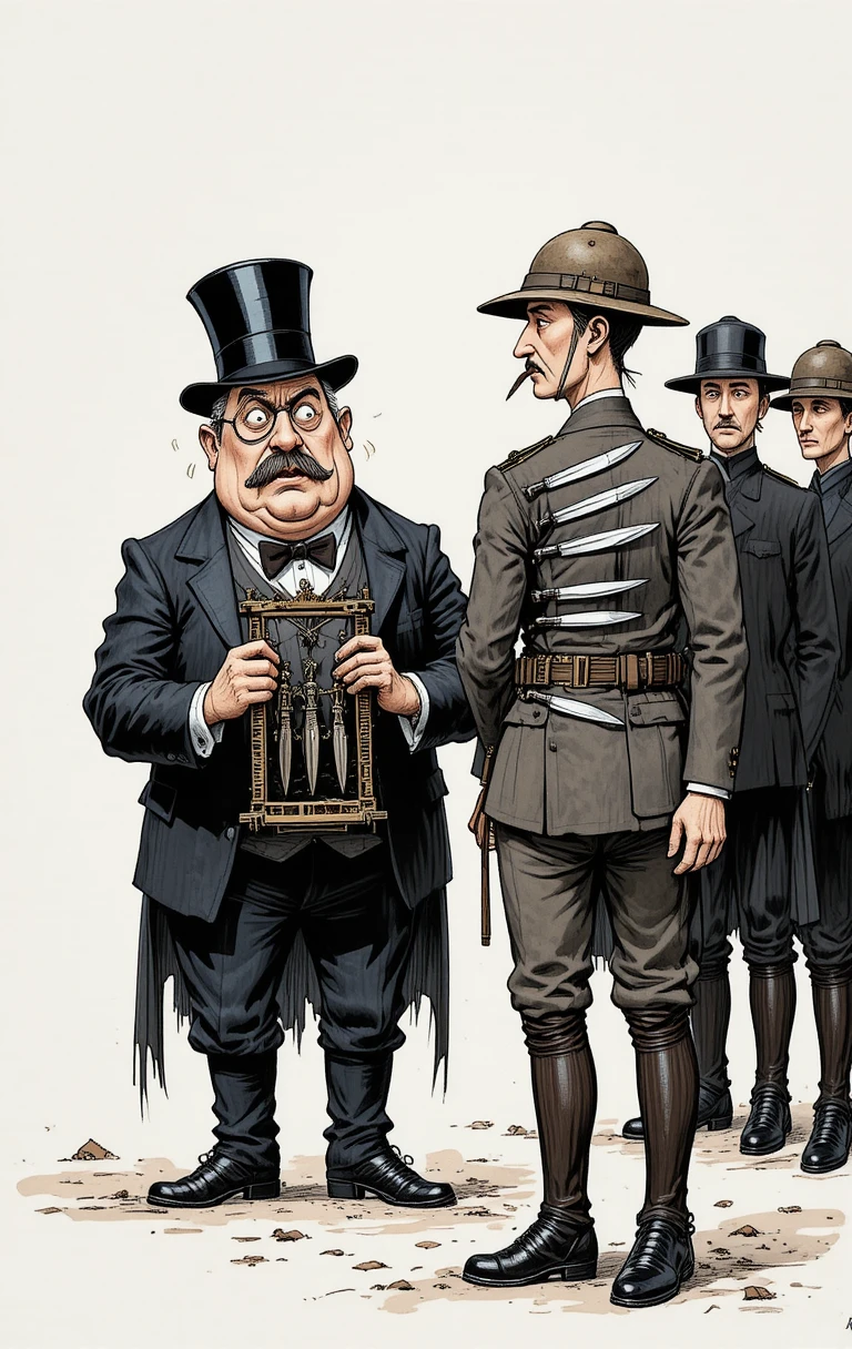 Düstere politische Karikatur mit verwundetem Soldaten und nervösem Tycoon