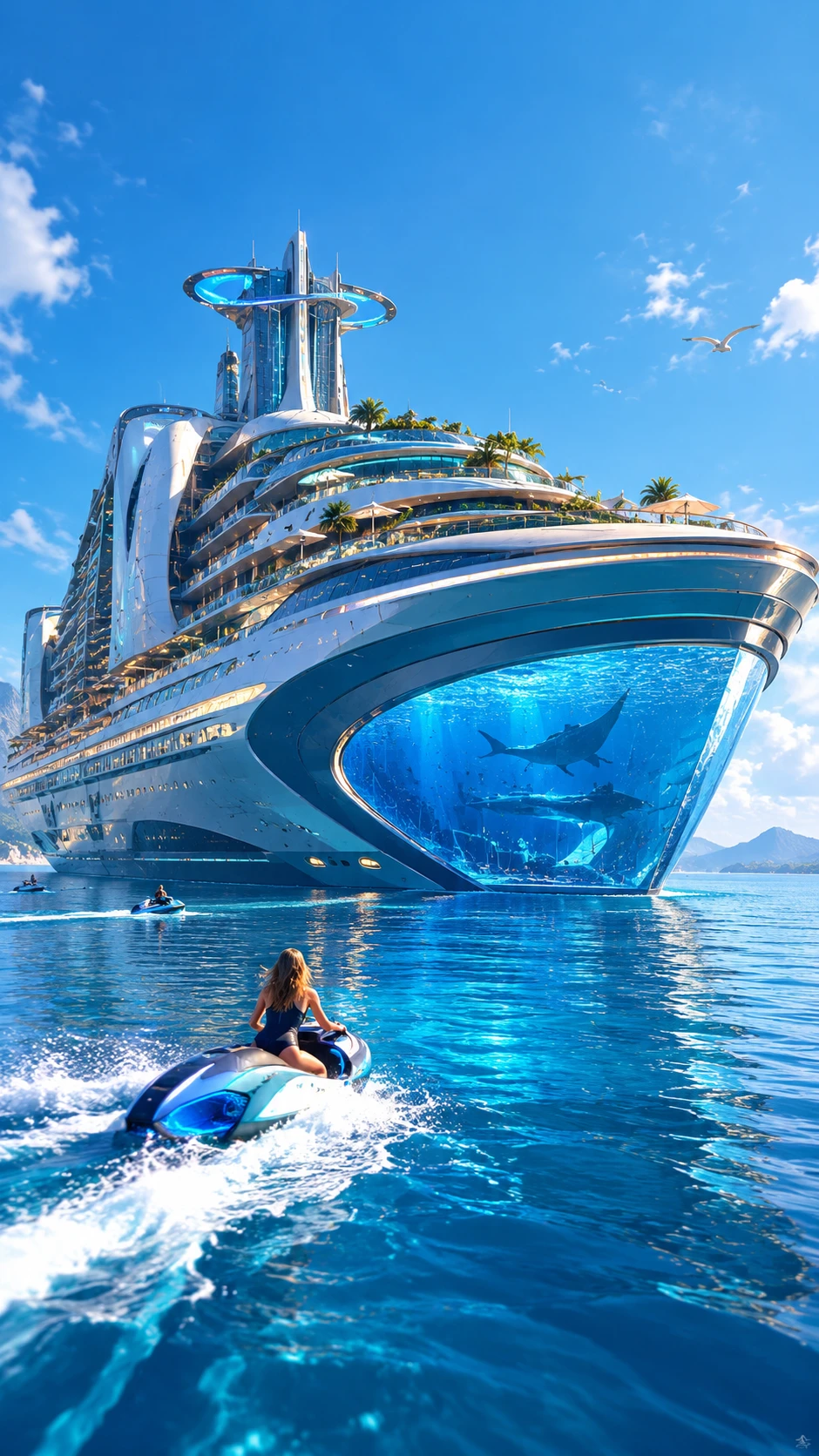 Futuristisches Passagierschiff auf dem Ozean unter strahlend blauem Himmel
