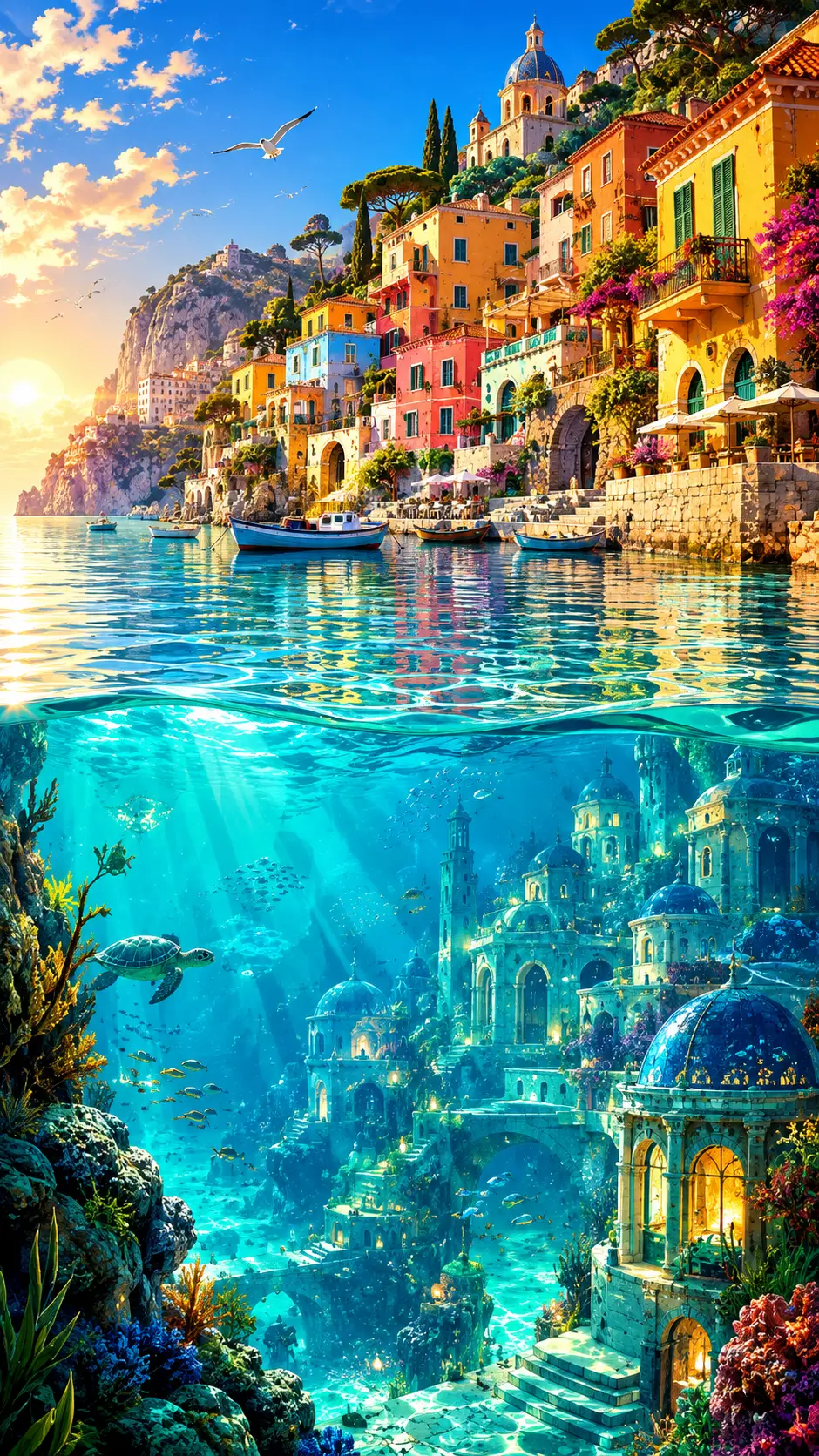 Surreal colorful Mediterranean coastal town with underwater city