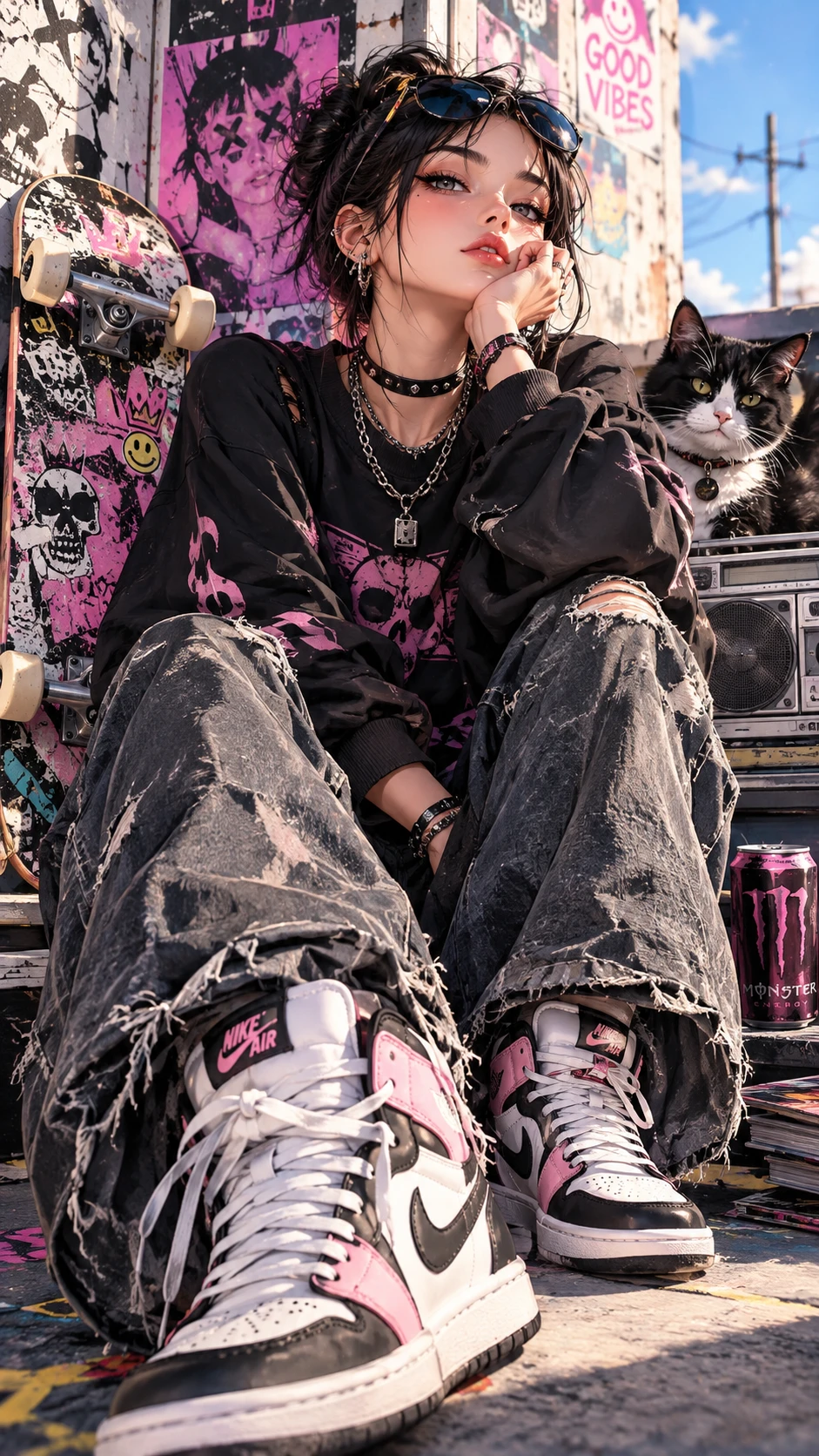 Anime sneakers with punk grunge flair and vibrant pastel colors