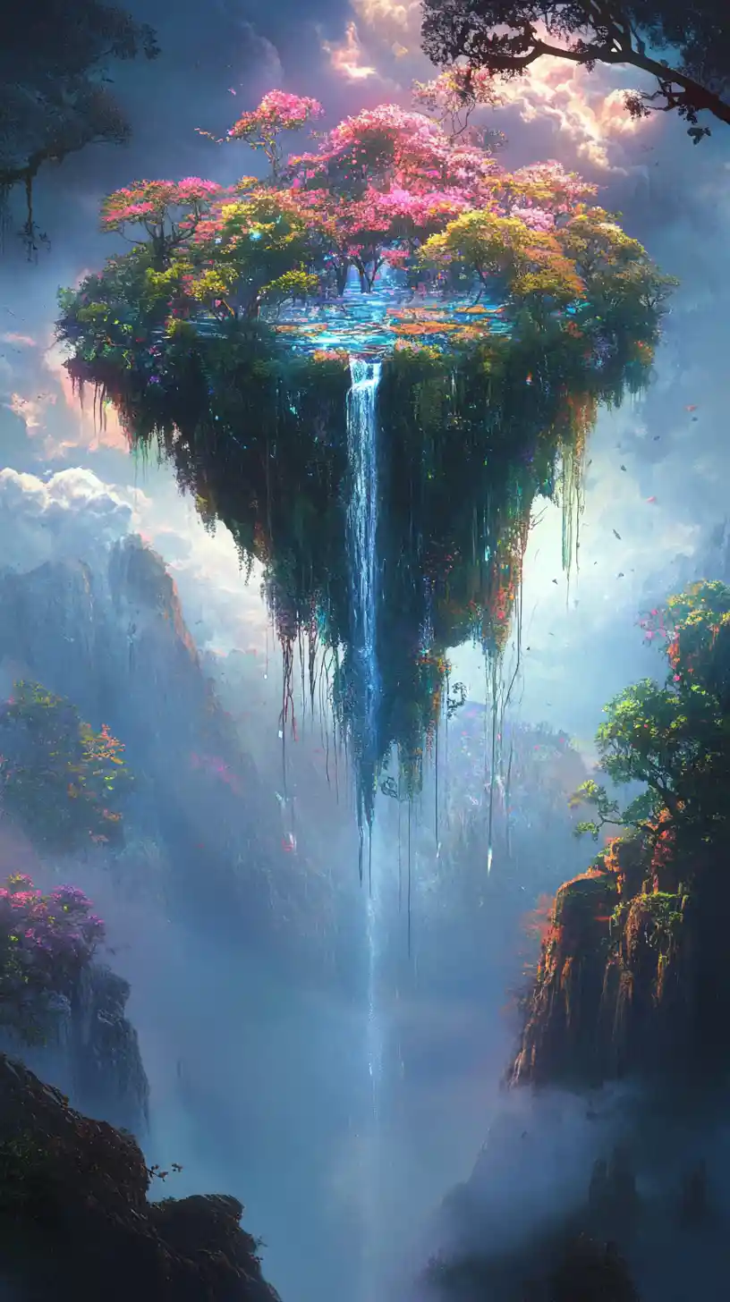 Isola fluttuante surreale con cascate in un cielo tranquillo