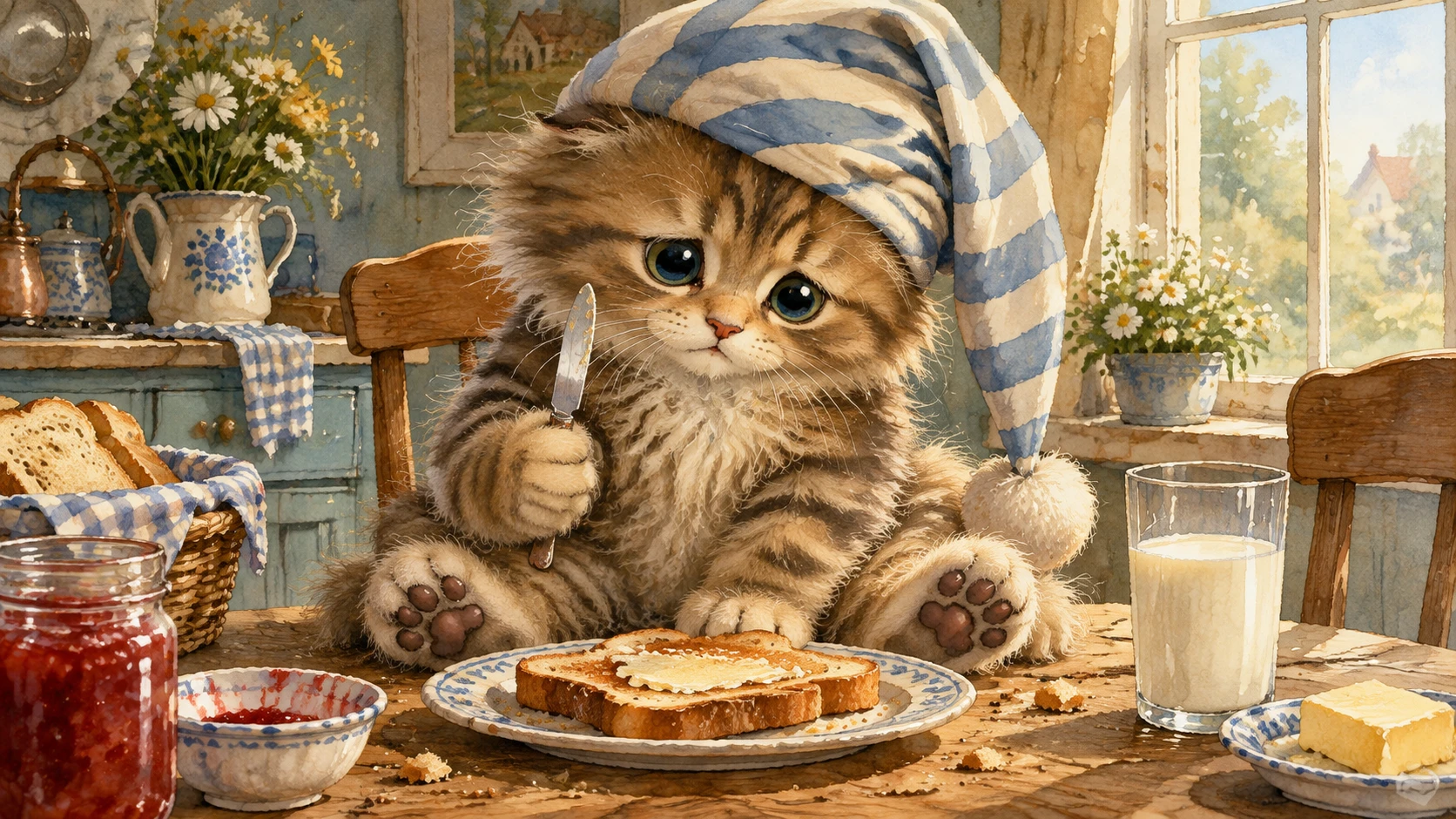 Chaton tout fluffy avec bonnet de nuit rayé déçu par le toast du petit-déjeuner