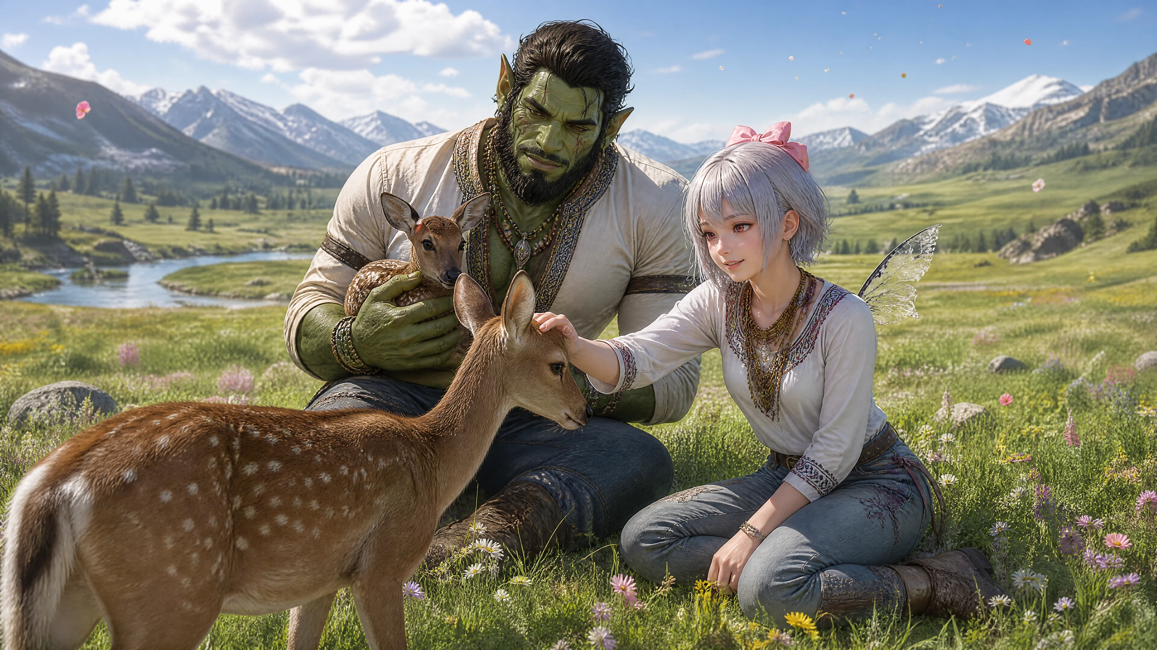 Orc husband holding baby deer beside wife in grassland