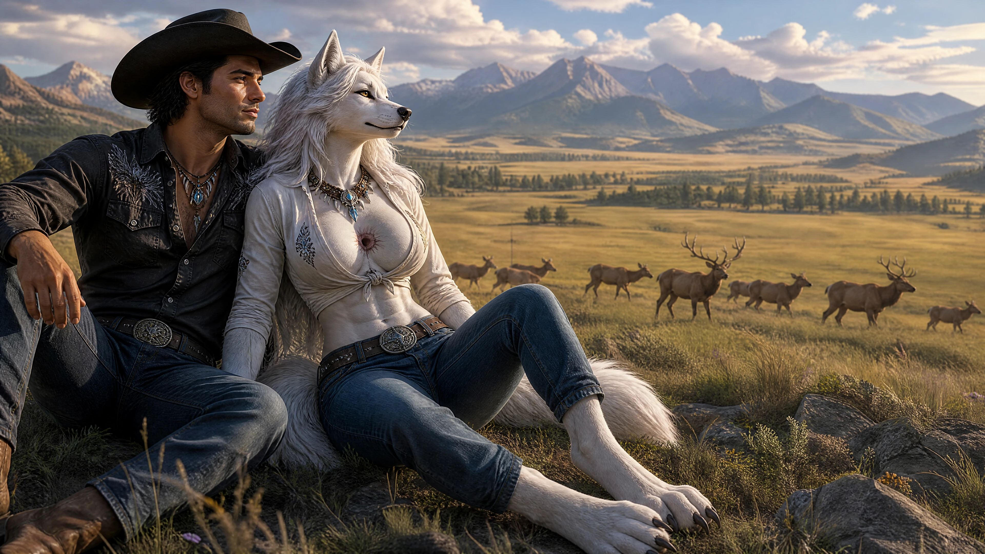 Hombre y mujer loba observando ciervos en pradera abierta