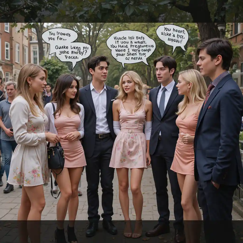 Posh students chatting awkwardly on a university campus corner
