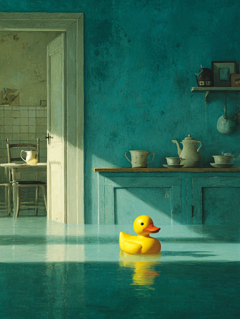 Pato de goma flotando en un bol de sopa sobre la mesa de la cocina