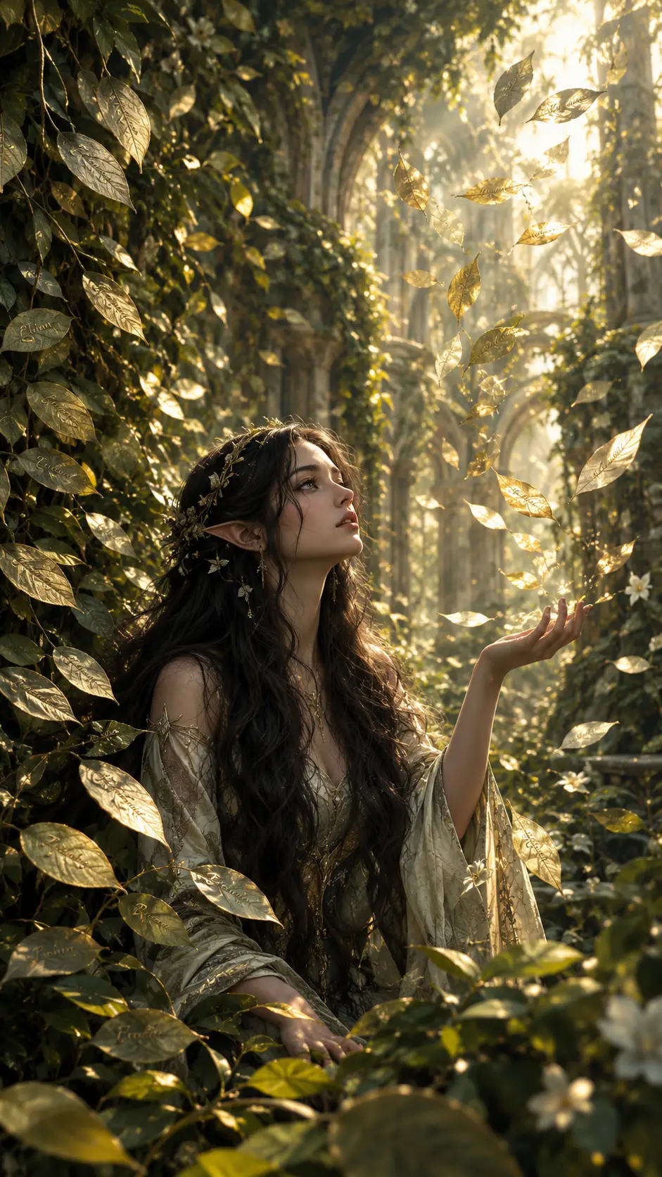 Elf woman in a forgotten botanical sanctuary of floating leaves