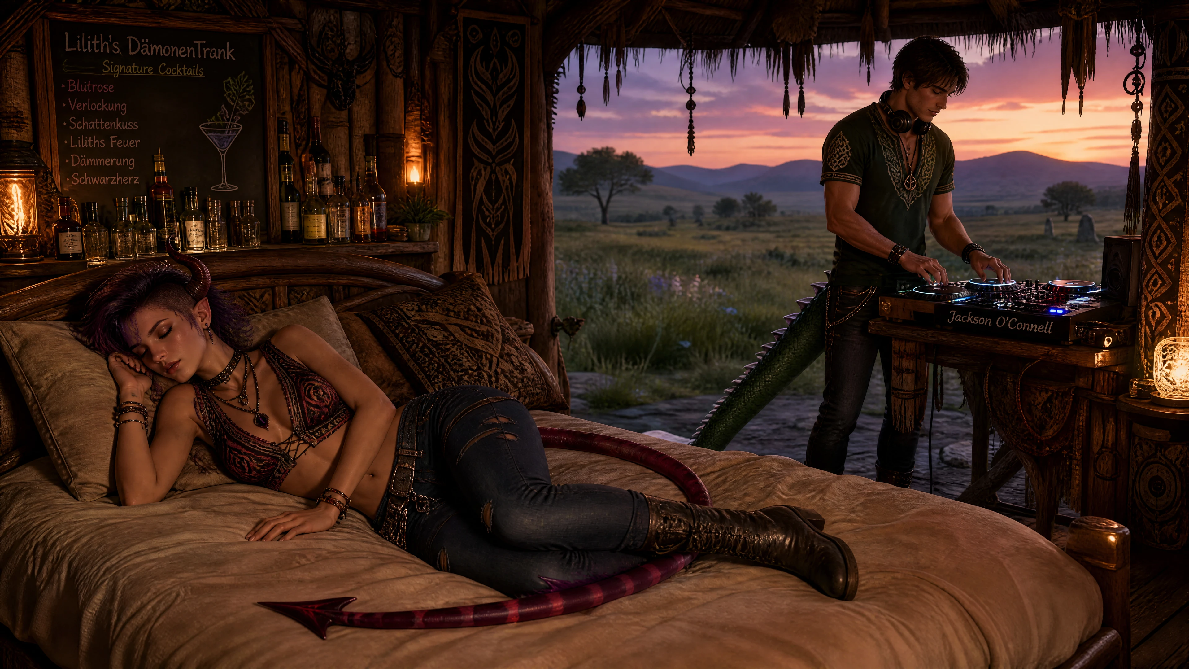 Sleeping succubus woman in bed in a tribal hut