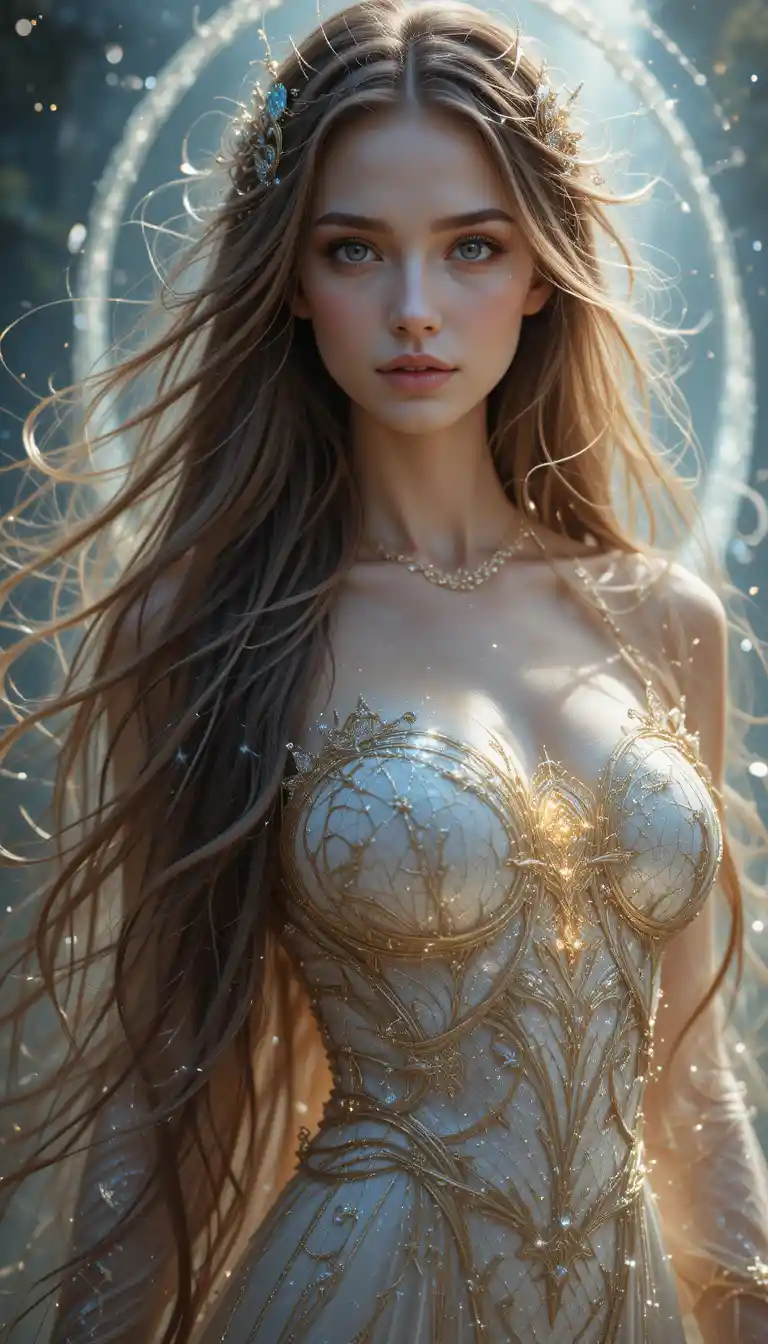 Donna fantasy sulla soglia di un portale scintillante