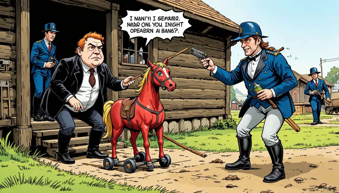 Union soldiers in a chaotic comic gunfight outside cabin