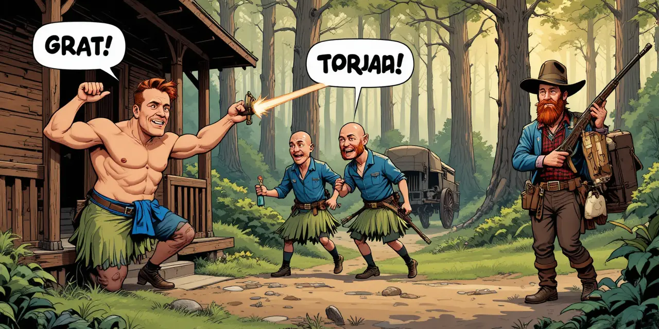 Union soldiers in a chaotic comic gunfight outside cabin