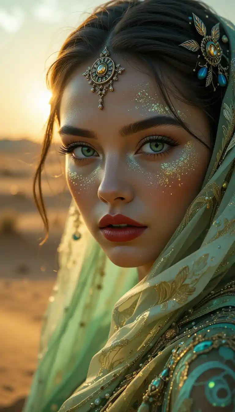Cinematic close up of a jeweled woman in desert silk
