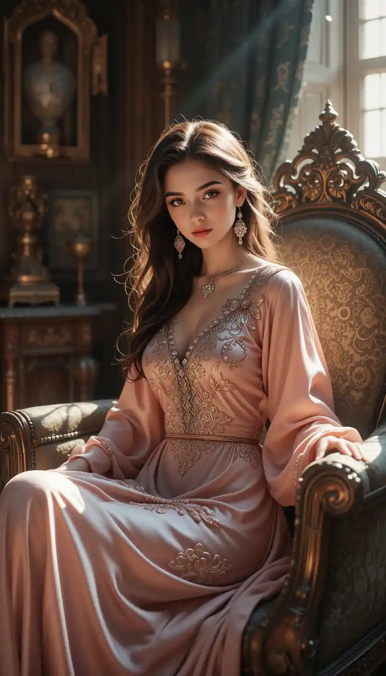 Mujer morena con vestido árabe sentada en silla de lujo