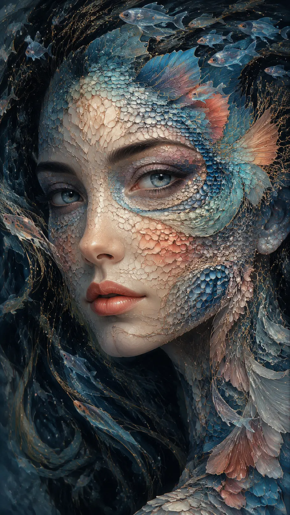 Surreal woman portrait with fish scale face and flowing fins